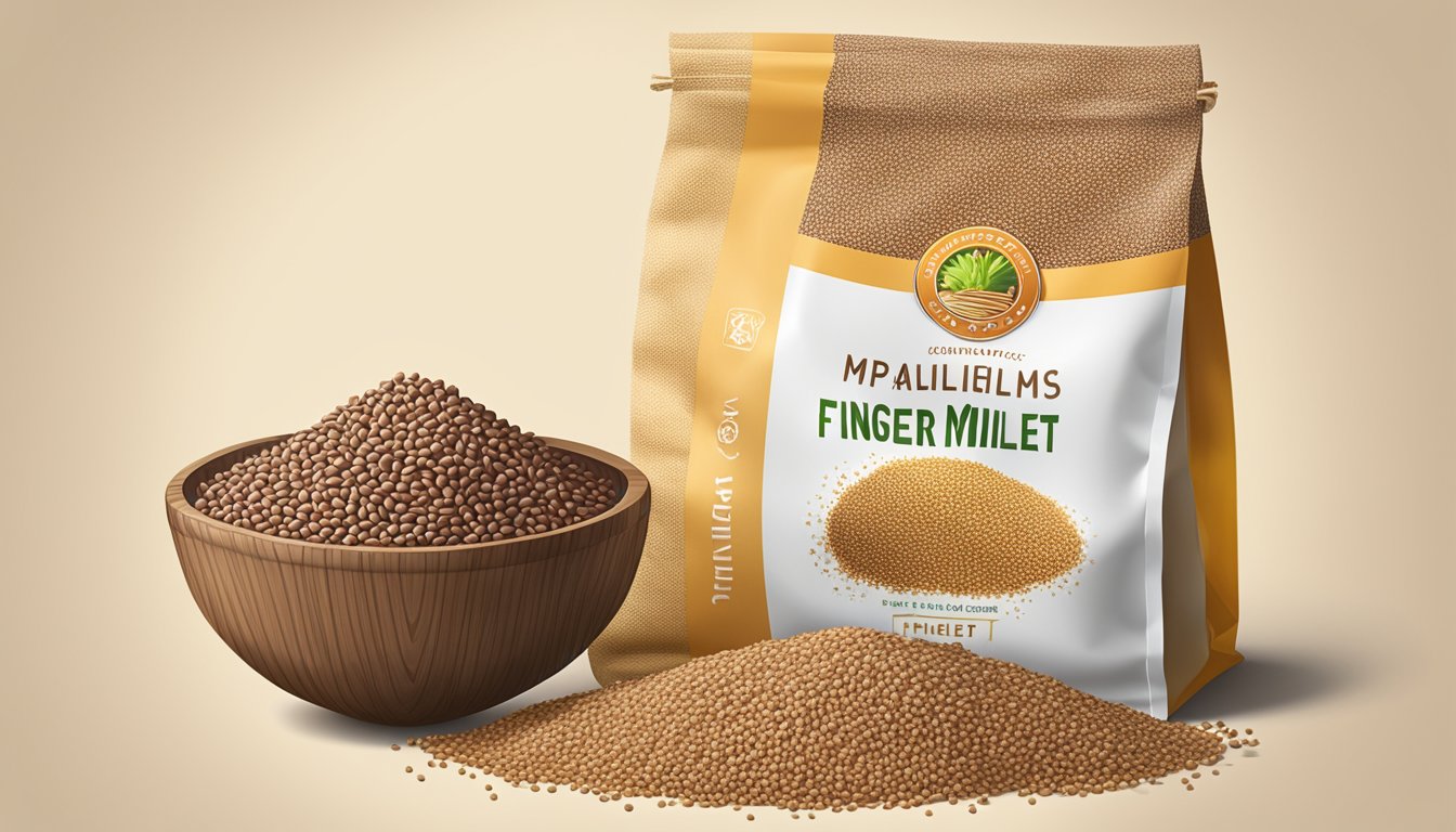 A bag of finger millet sits next to other grains, visibly fresher and more vibrant