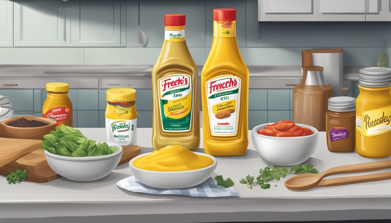 A bottle of French's Mustard sits on a kitchen counter, surrounded by various other condiments and cooking ingredients. The label on the bottle indicates it is still within its expiration date