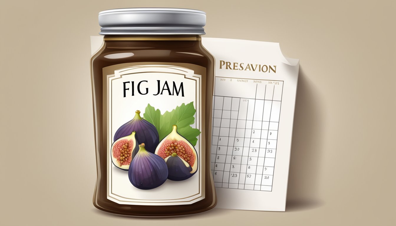 A jar of fig jam sealed with a label showing the date of preservation. A calendar in the background with the current date circled