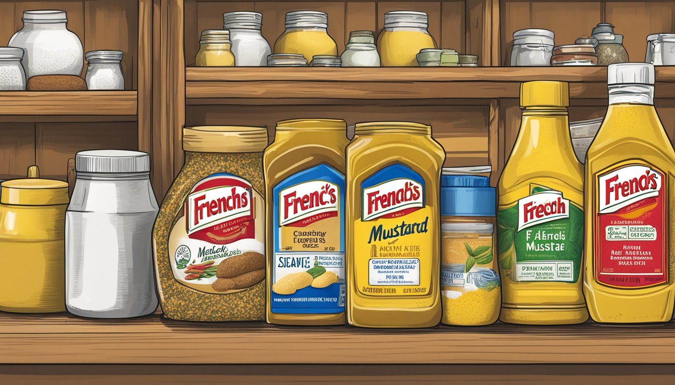 A bottle of French's Mustard sits on a kitchen shelf, surrounded by other condiments and spices. The label indicates the expiration date