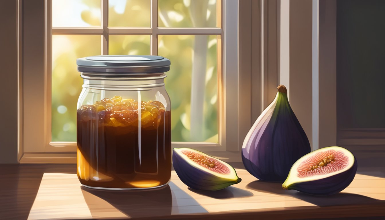 A jar of fig jam sits on a wooden shelf next to other preserved items. Sunlight filters through a window, casting a warm glow on the jar