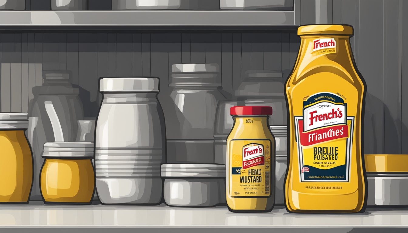 A bottle of French's Mustard sits in a cool, dark pantry next to other condiments. The label shows the expiration date