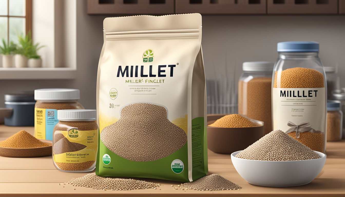 A bag of finger millet sits on a kitchen shelf, surrounded by other grains and ingredients. The expiration date on the packaging is clearly visible