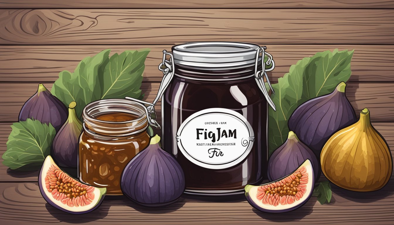 A jar of fig jam sits next to various other preserves on a rustic wooden table, surrounded by fresh figs and a handwritten label