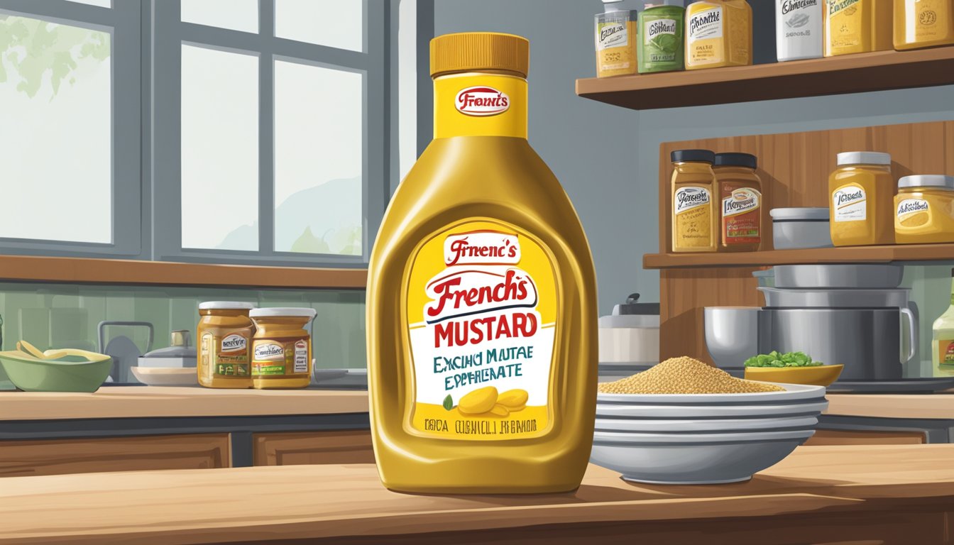 A bottle of French's Mustard sits on a kitchen shelf, surrounded by other condiments. The label shows the expiration date