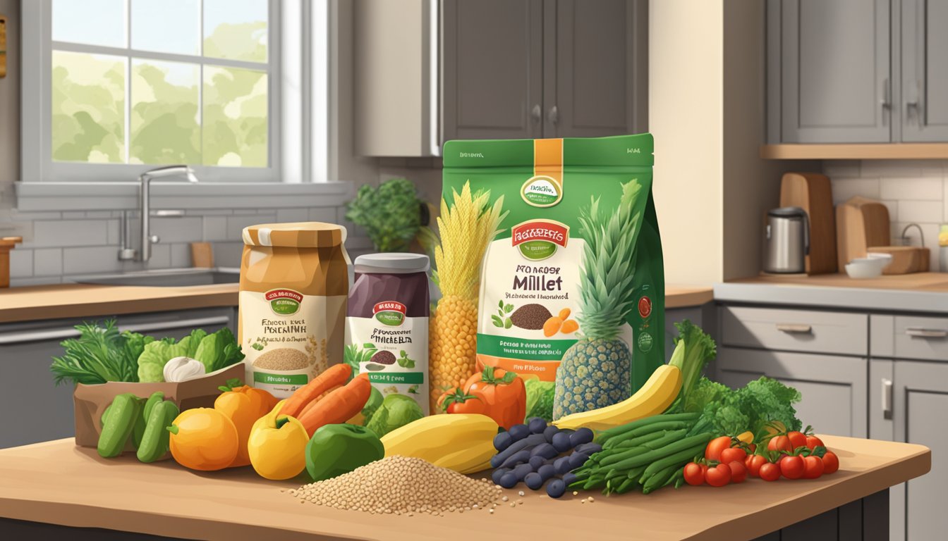 A bag of finger millet sits on a kitchen counter next to a variety of fresh fruits and vegetables. The pantry door is open, revealing other grains and cooking ingredients