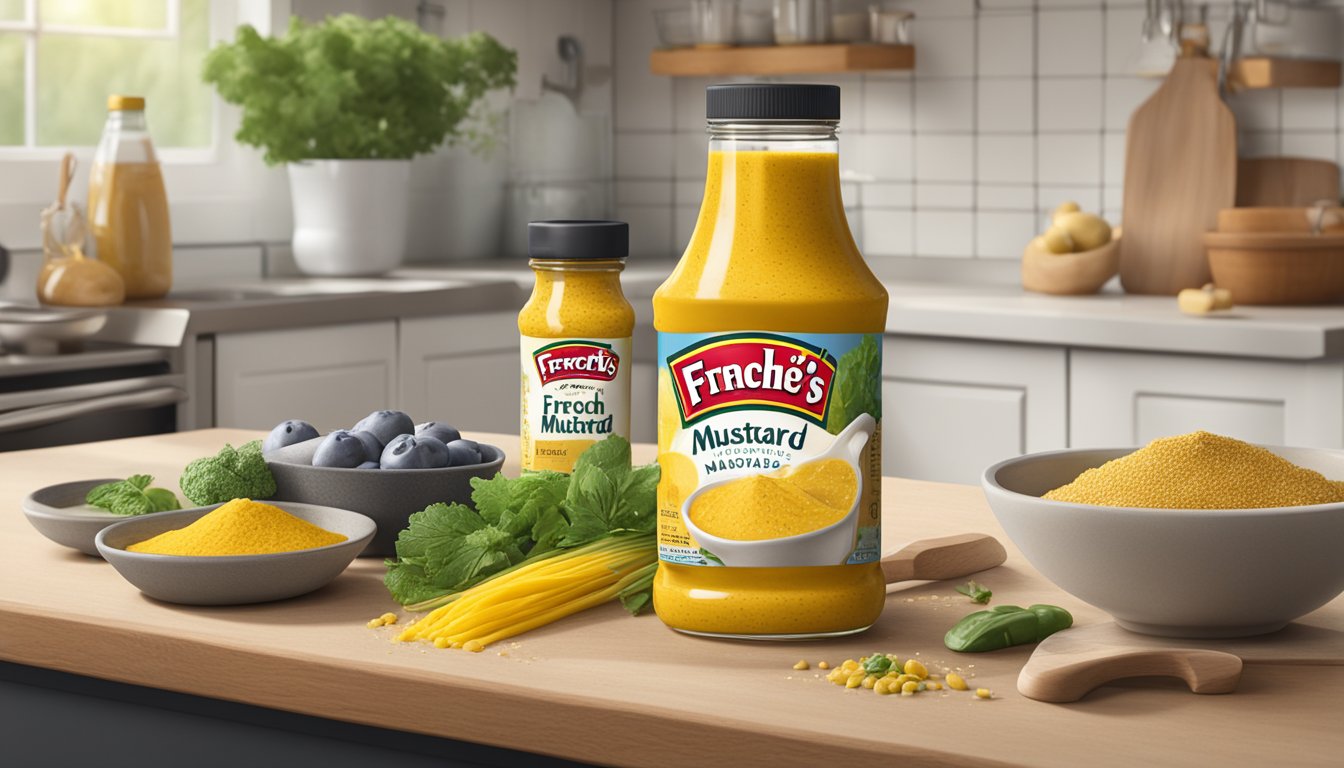 An open bottle of French's Mustard sits on a kitchen counter, surrounded by fresh ingredients and a calendar showing the current date