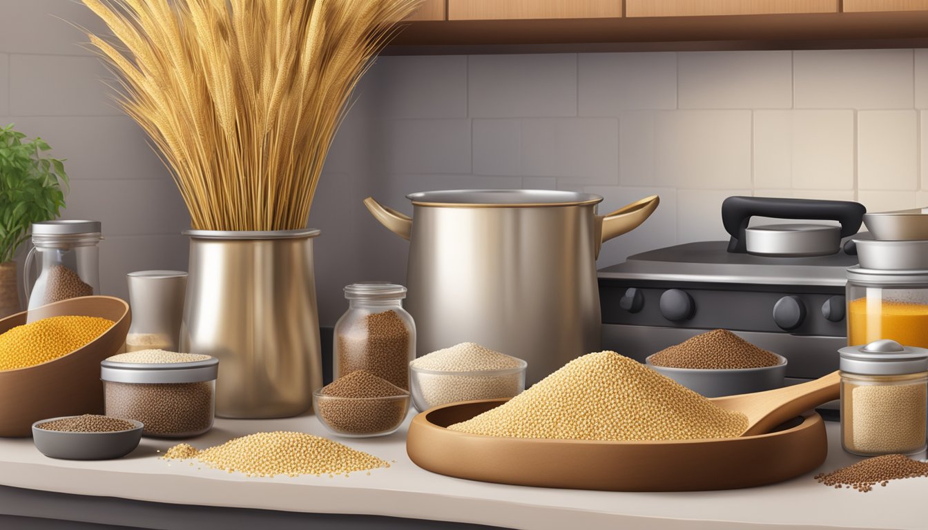 A sack of finger millet sits on a kitchen shelf, surrounded by various cooking ingredients and utensils. The millet grains are small and golden in color, with a few spilling out onto the counter