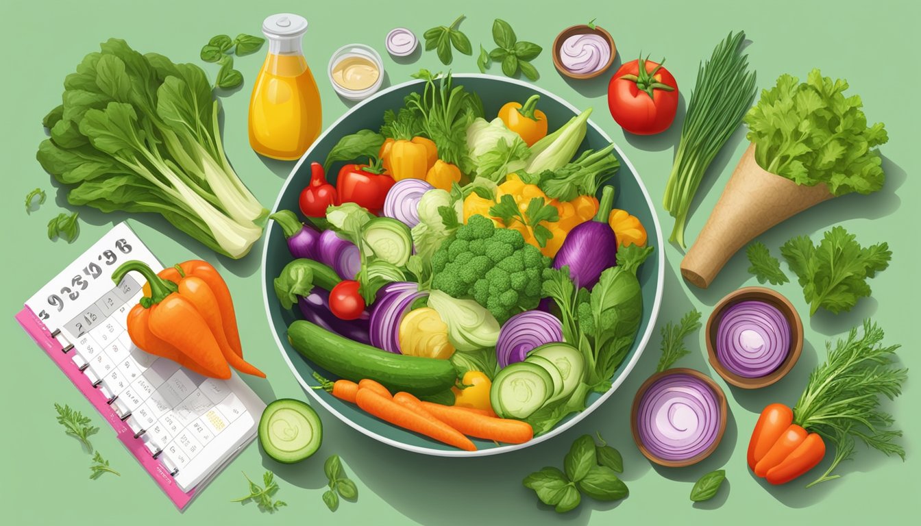 A colorful array of fresh vegetables and herbs arranged around a vibrant bowl of dressing, with a calendar in the background marking the date of preparation