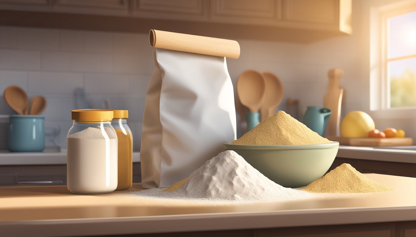 A bag of flour sits on a kitchen counter, next to a measuring cup and a mixing bowl. Rays of sunlight illuminate the scene