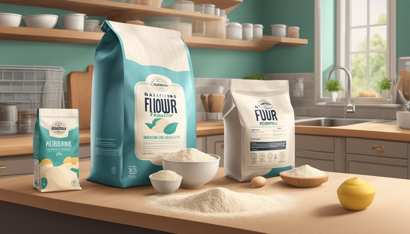 A bag of flour sits on a kitchen shelf, surrounded by other baking ingredients. The expiration date is visible on the packaging