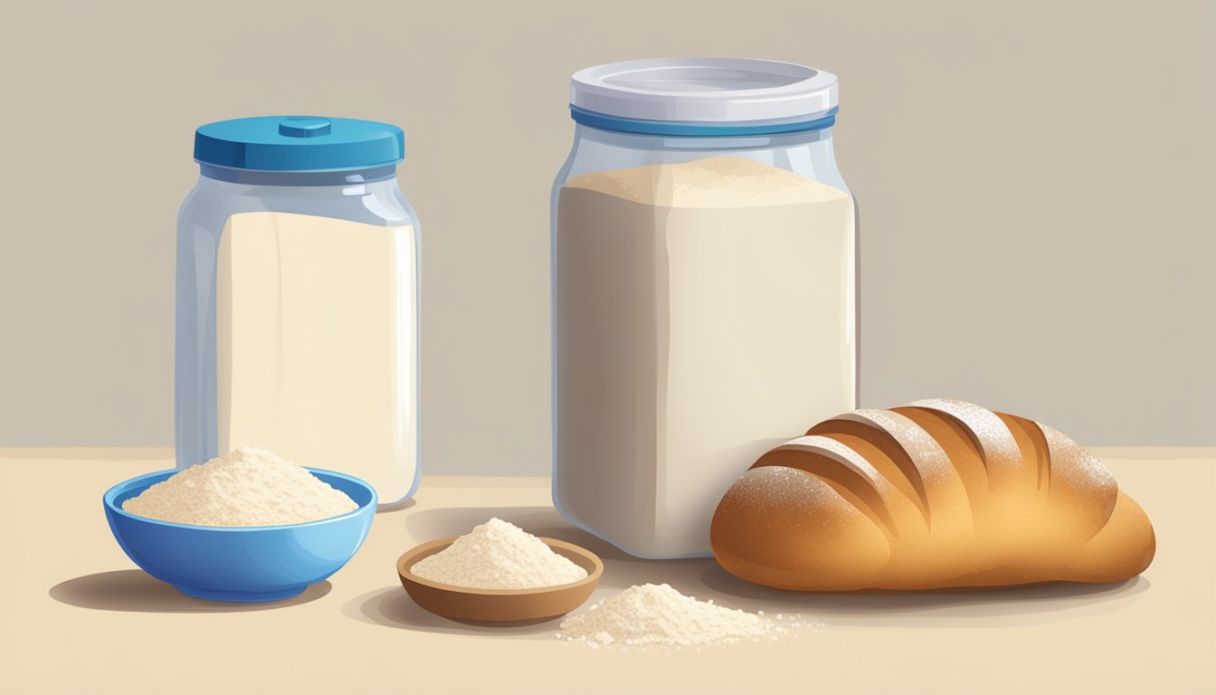 A bag of flour with a clear expiration date, next to a measuring cup and a bowl of freshly baked bread