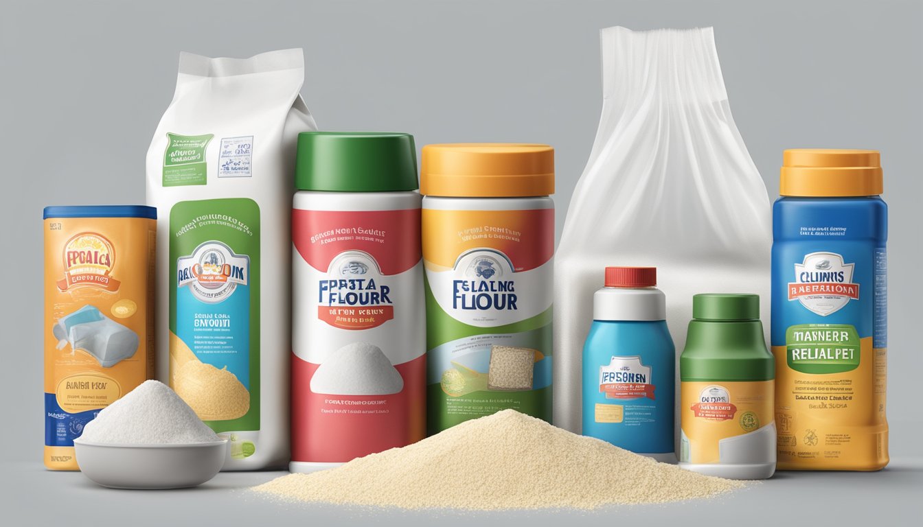 A sealed bag of flour with a visible expiration date, surrounded by pest prevention products such as traps and repellents