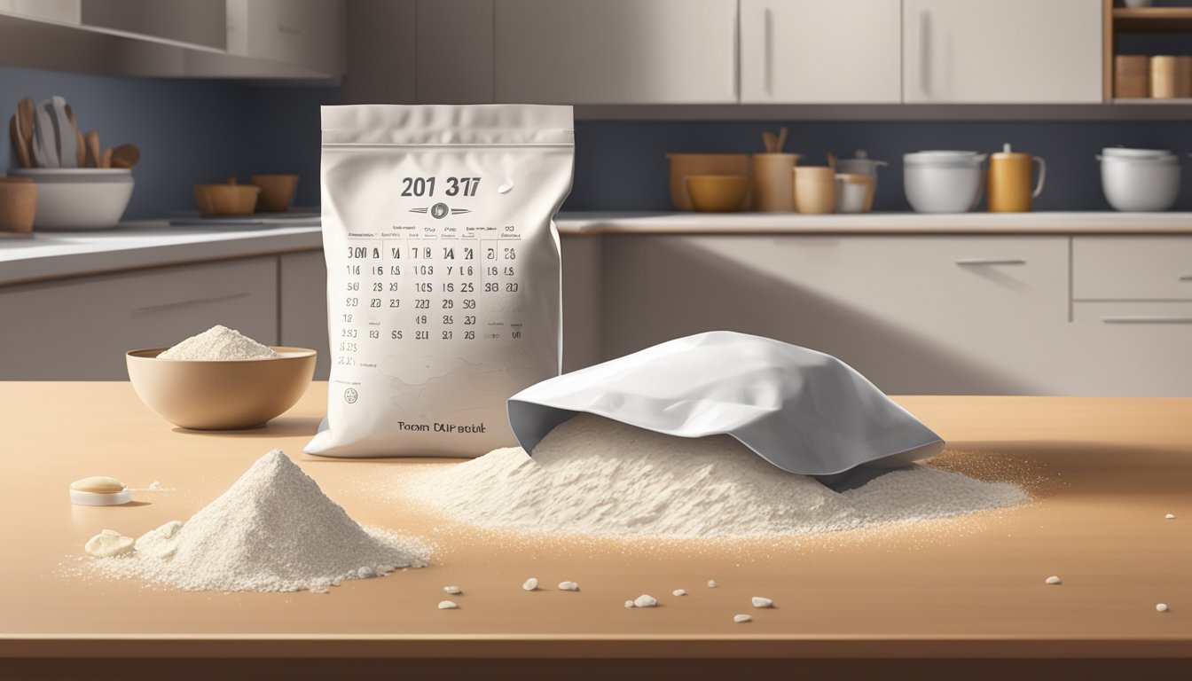 A bag of flour sits on a kitchen counter, next to a calendar with the current date circled. A few crumbs are scattered nearby