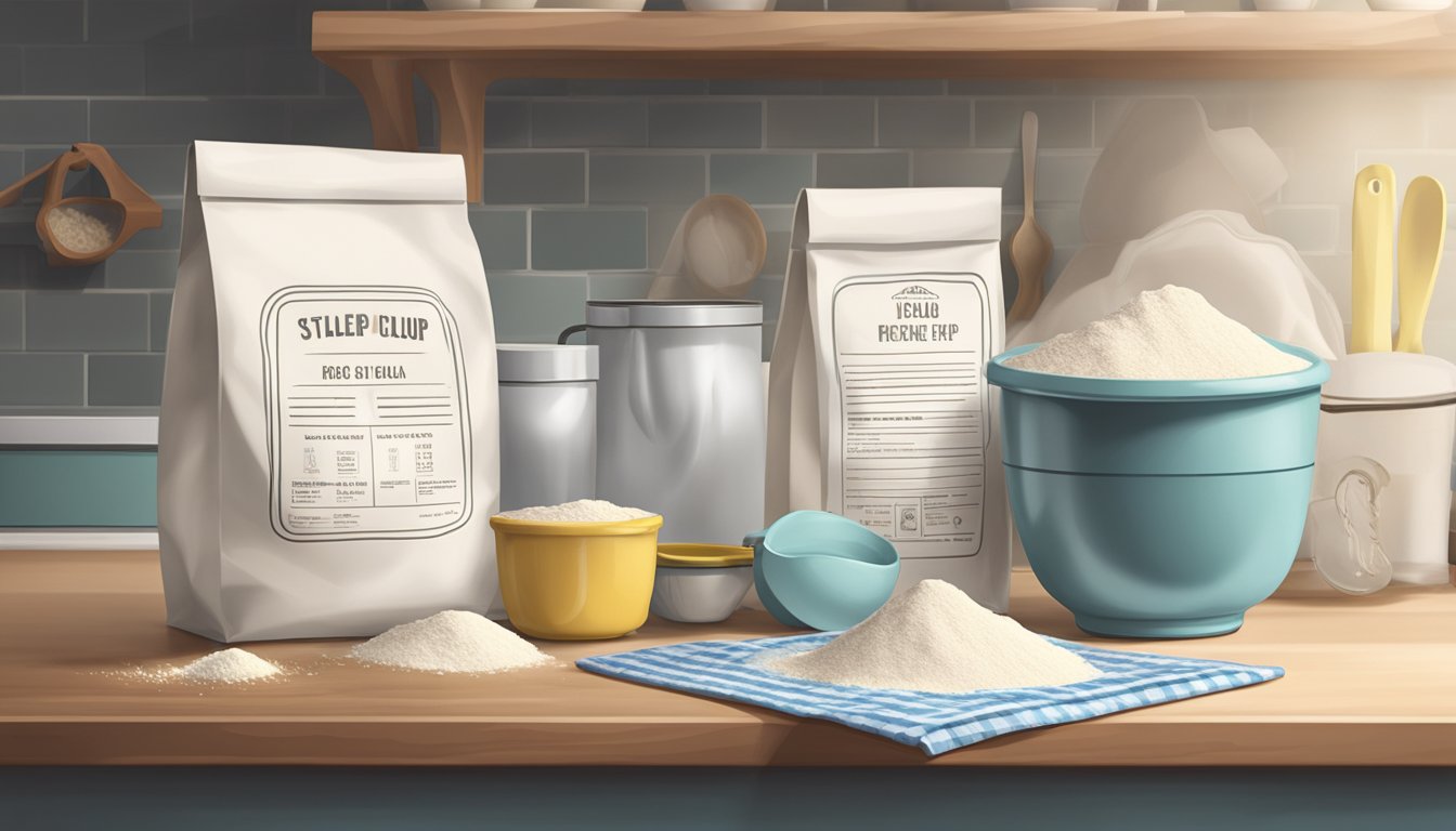 A sealed bag of flour sits on a clean, organized kitchen shelf next to a stack of measuring cups and a recipe book