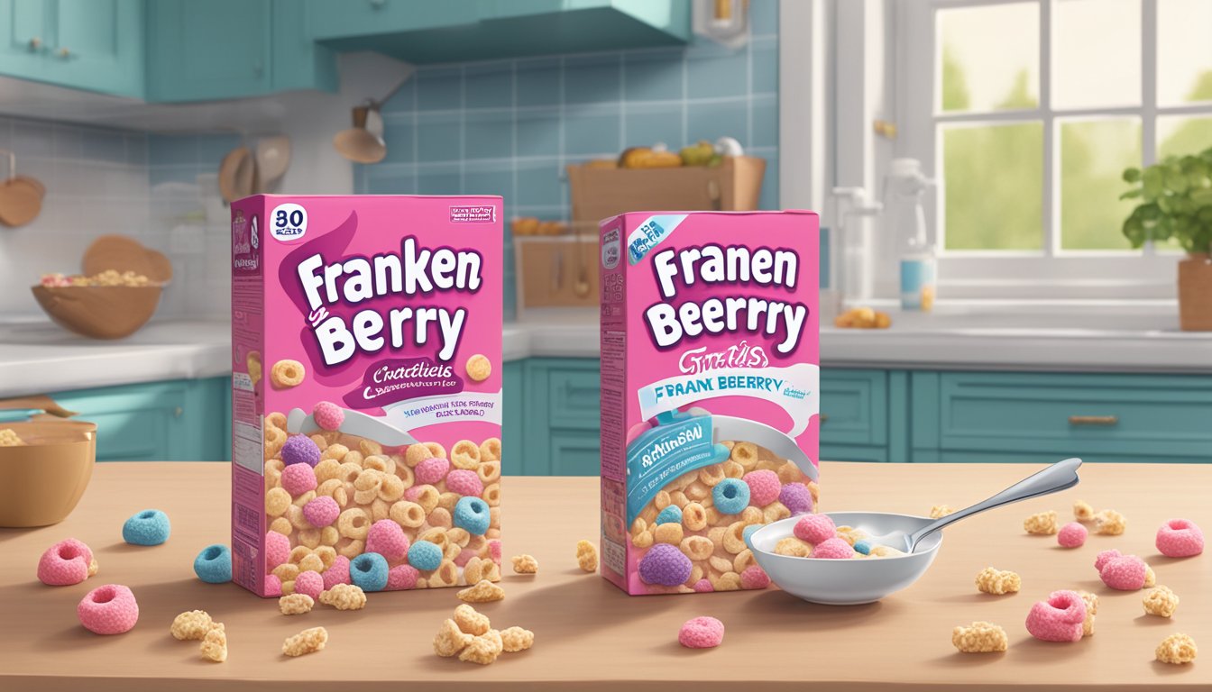 A box of Franken Berry cereal sits on a kitchen counter, surrounded by milk, a spoon, and scattered cereal pieces