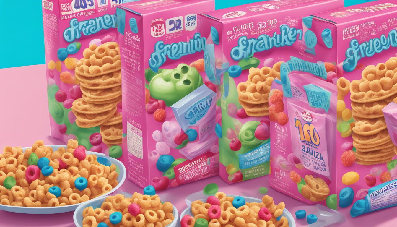 A stack of Franken Berry cereal boxes with expiration dates visible