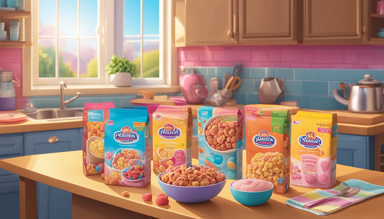 A box of Franken Berry cereal sits on a kitchen counter, surrounded by other breakfast items. The sun streams in through a nearby window, casting a warm glow on the colorful packaging