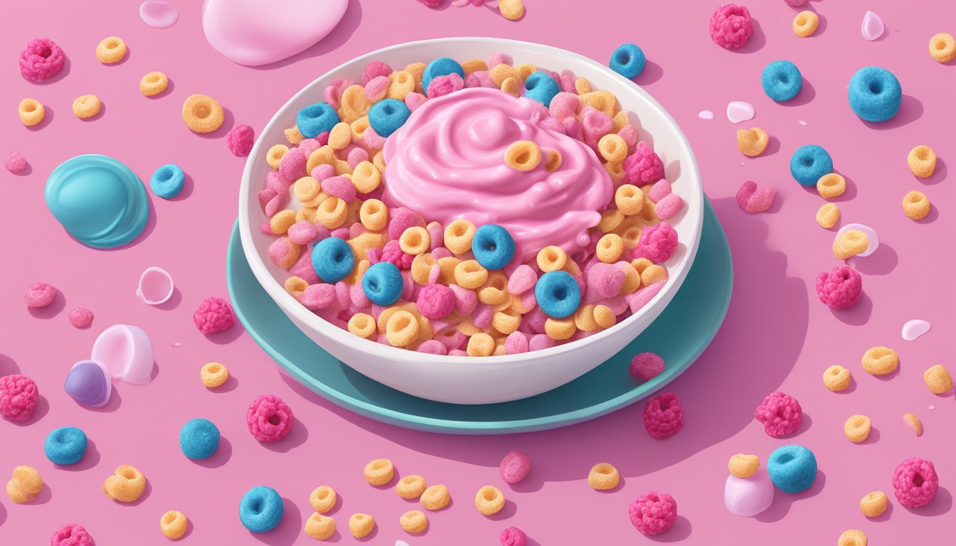 A bowl of Franken Berry cereal sits on a table, surrounded by swirling pink milk and scattered pieces of the cereal