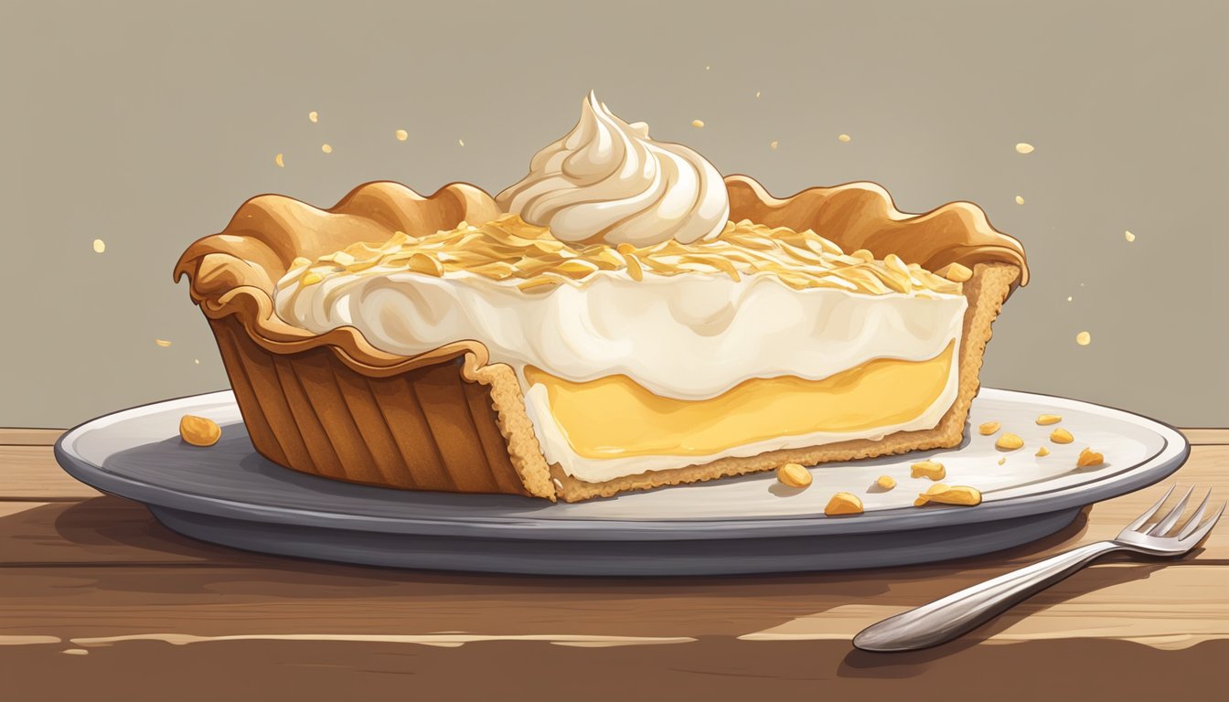 A freshly baked cream pie sits on a rustic wooden table, with a flaky golden crust and a luscious creamy filling spilling out slightly from a perfectly cut slice