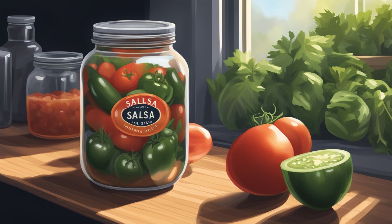 A jar of fresh salsa and pico de gallo sit on a shelf in a cool, dark pantry, away from direct sunlight and heat sources