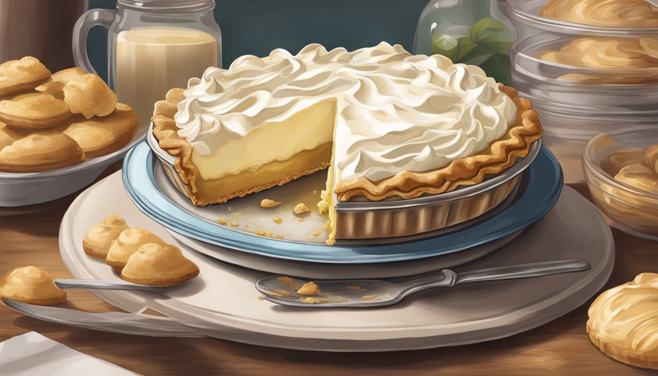 A fresh cream pie sits on a shelf, surrounded by other baked goods. The pie is starting to show signs of aging, with the cream beginning to sag and the crust losing its crispness