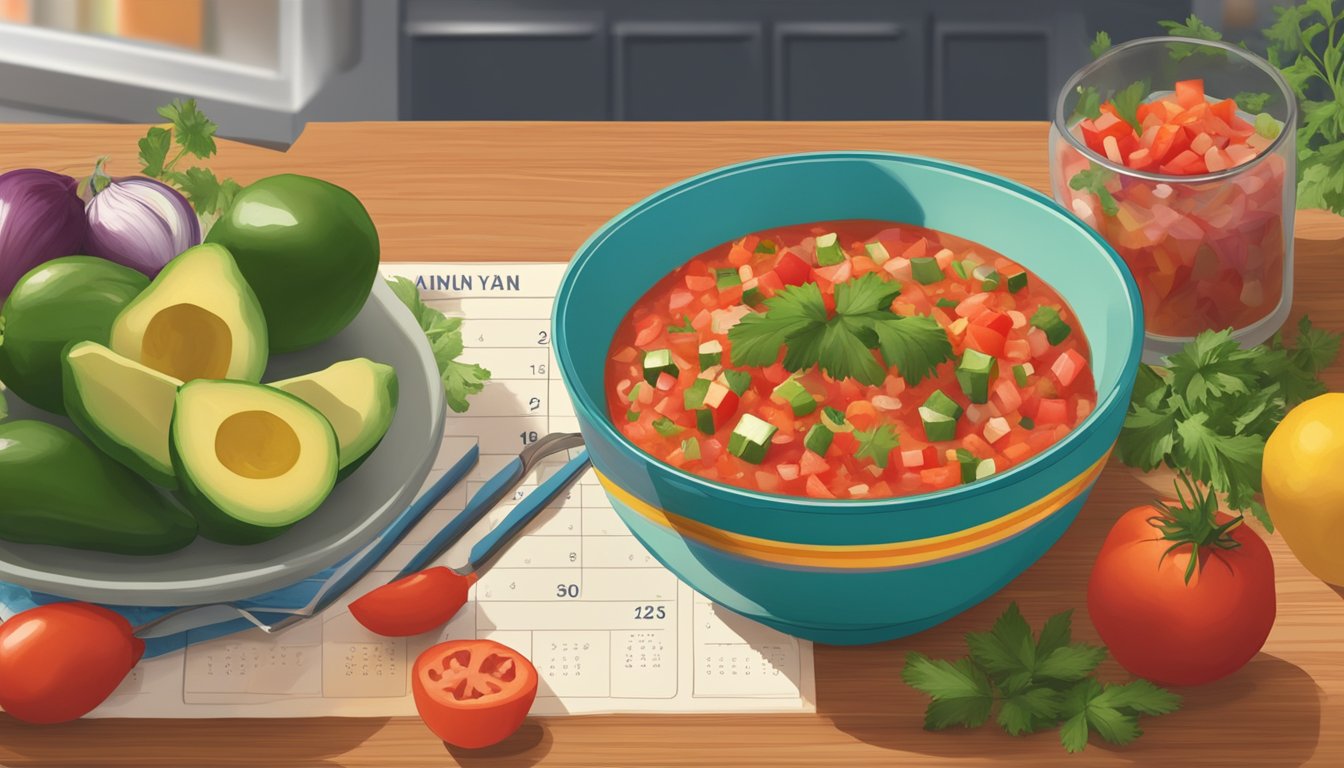 A bowl of fresh salsa and pico de gallo sits on a kitchen counter, surrounded by colorful ingredients and a calendar indicating the passage of time