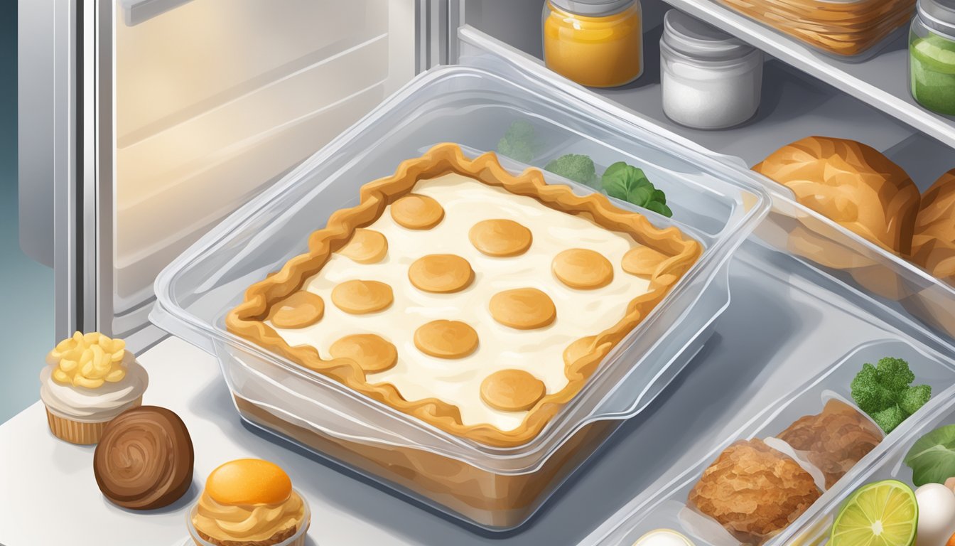 A fresh cream pie sits inside an airtight container in a refrigerator, surrounded by other food items