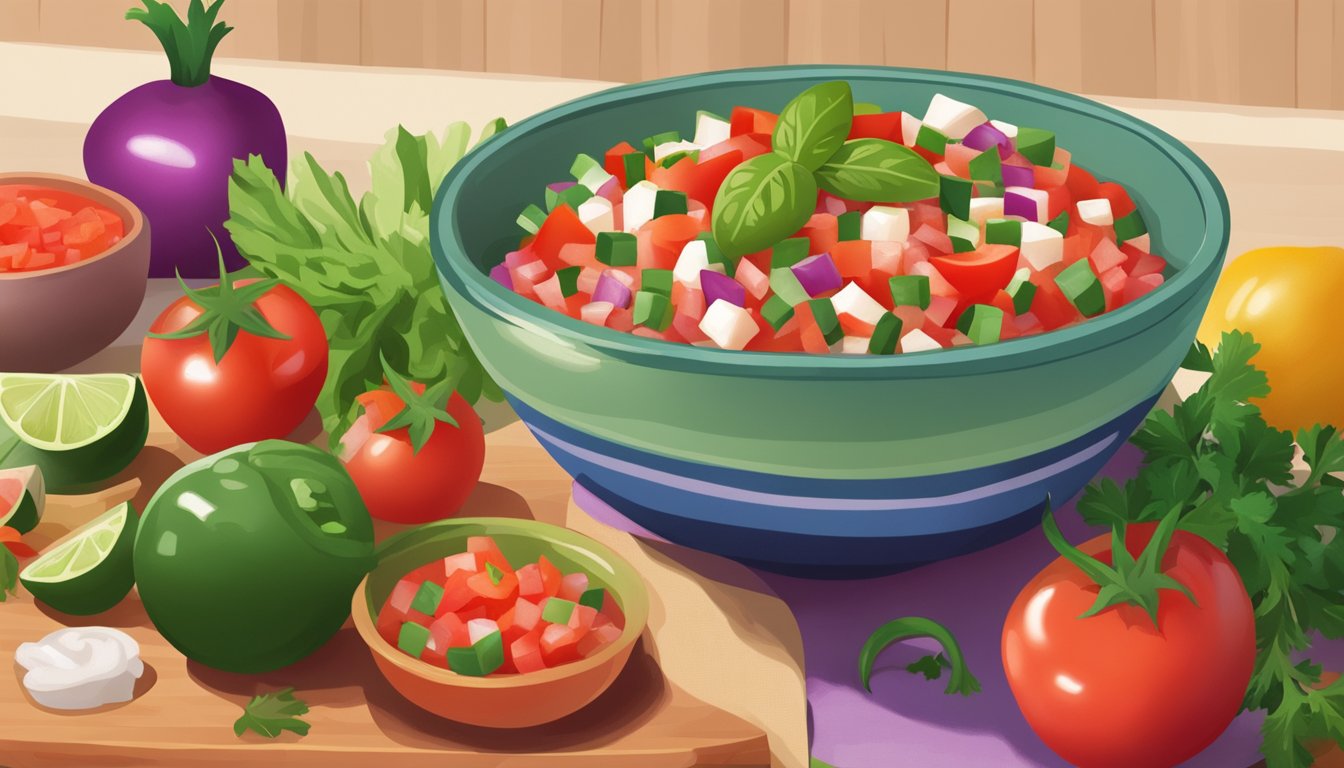 A bowl of fresh salsa and pico de gallo sitting on a kitchen counter, surrounded by colorful ingredients and a cutting board