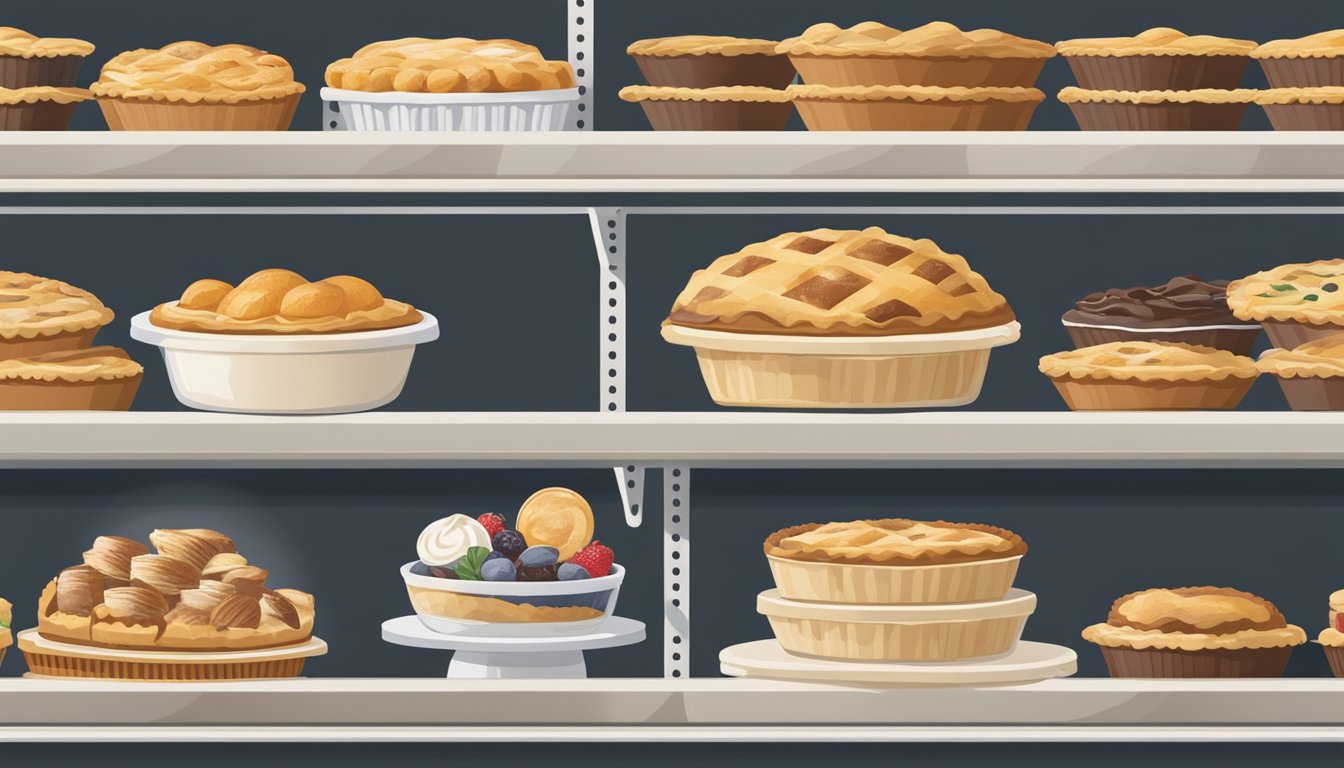 A refrigerator shelf filled with various store-bought pies, including cream pies, with expiration dates visible on the packaging