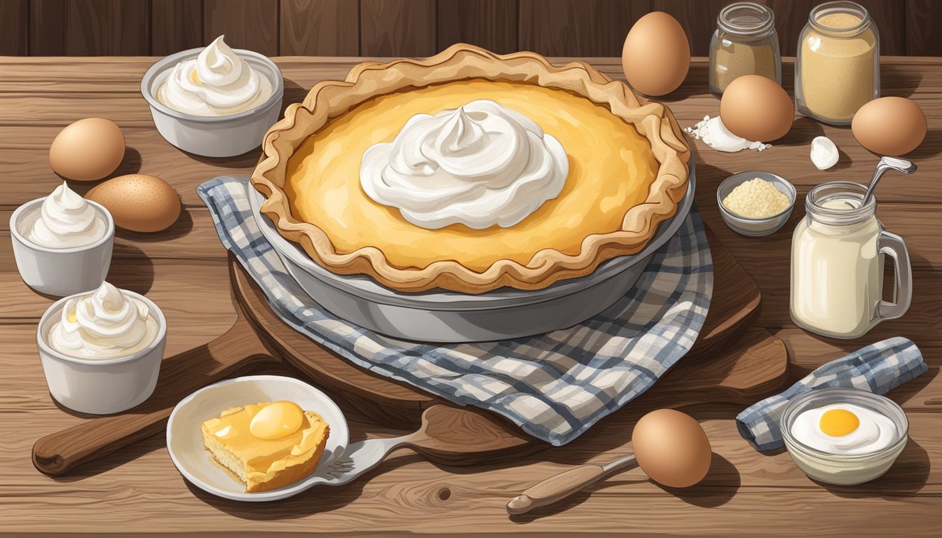 A freshly baked cream pie sits on a rustic wooden table, surrounded by ingredients like eggs, flour, and cream. The pie is golden brown with a dollop of whipped cream on top