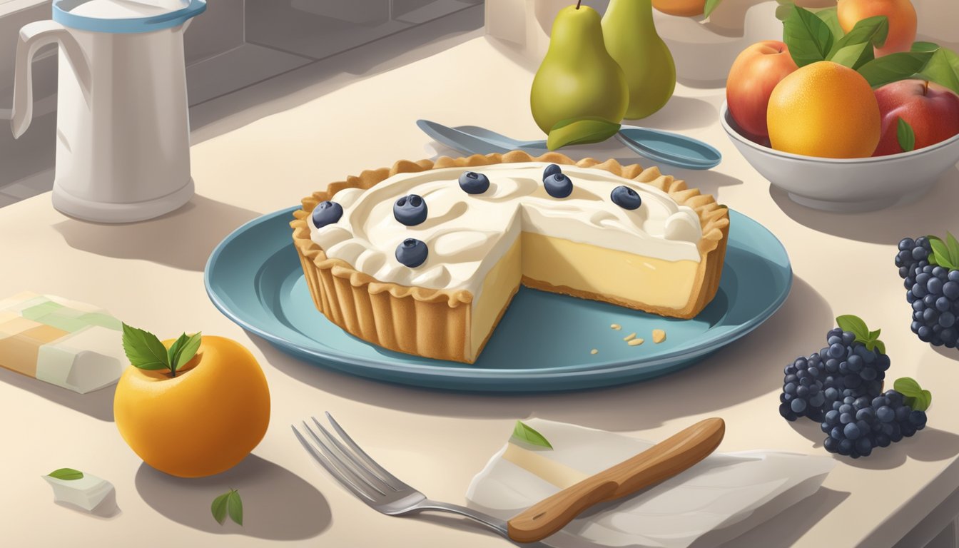 A fresh cream pie sits on a kitchen counter, surrounded by various fruits and dairy products. A calendar on the wall shows the current date