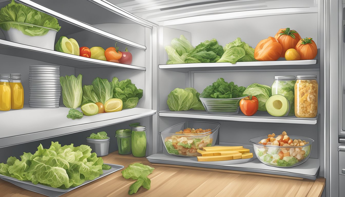 A Fresh Express Chopped Kit Caesar Salad sits unopened on a refrigerator shelf, surrounded by other fresh produce and ingredients