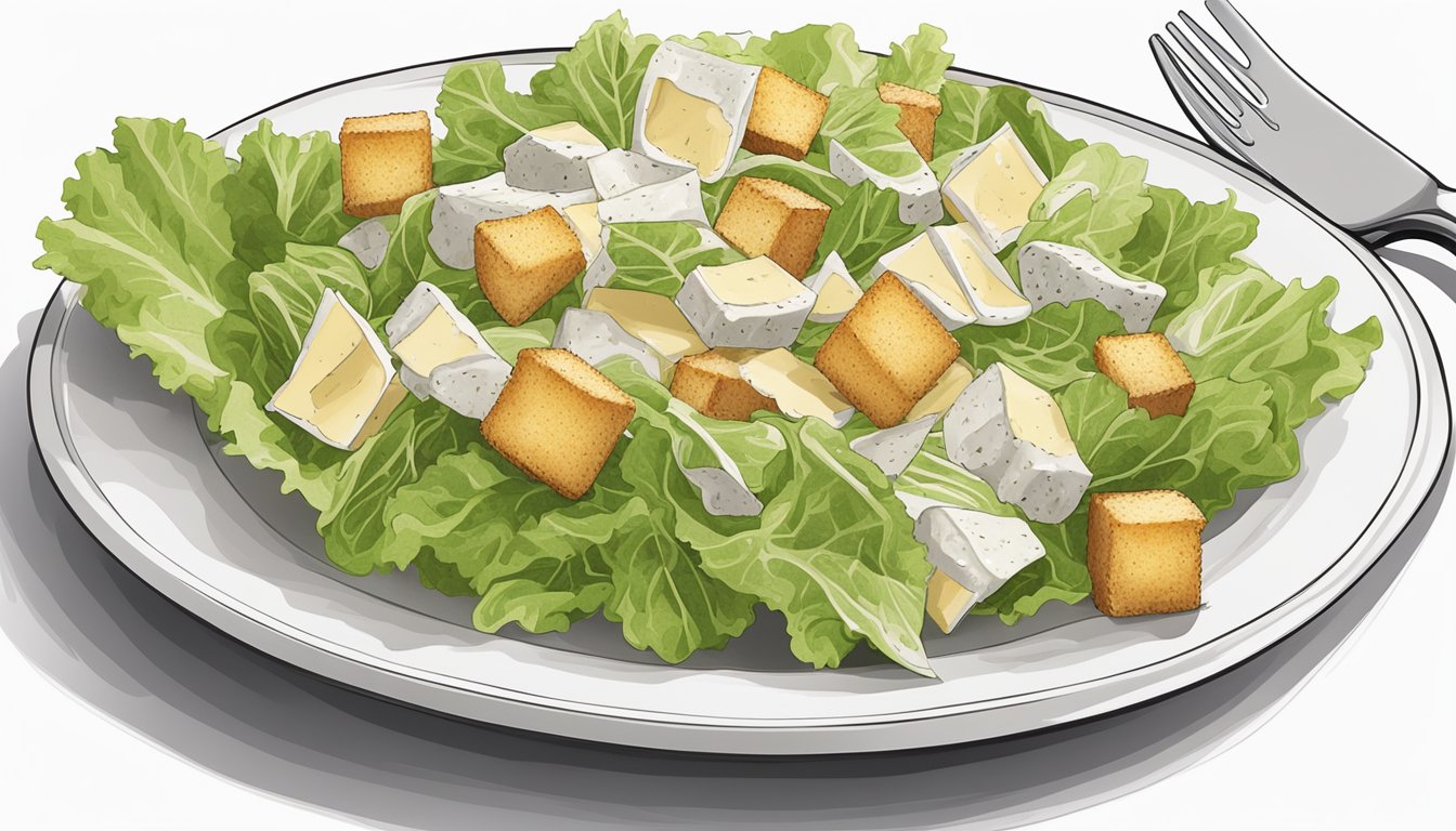 A Caesar salad kit with lettuce, croutons, Parmesan cheese, and Caesar dressing, arranged on a clean, white plate