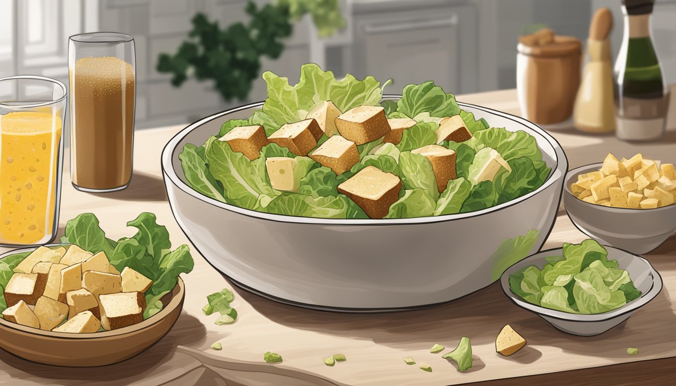 A Fresh Express Chopped Kit Caesar Salad sits on a kitchen counter, surrounded by fresh lettuce, croutons, and dressing