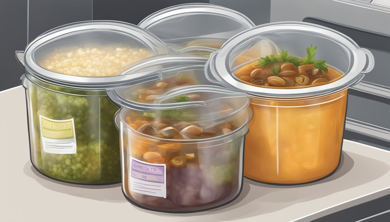 A pot of soup and stew in airtight containers, labeled with dates, stored in a freezer