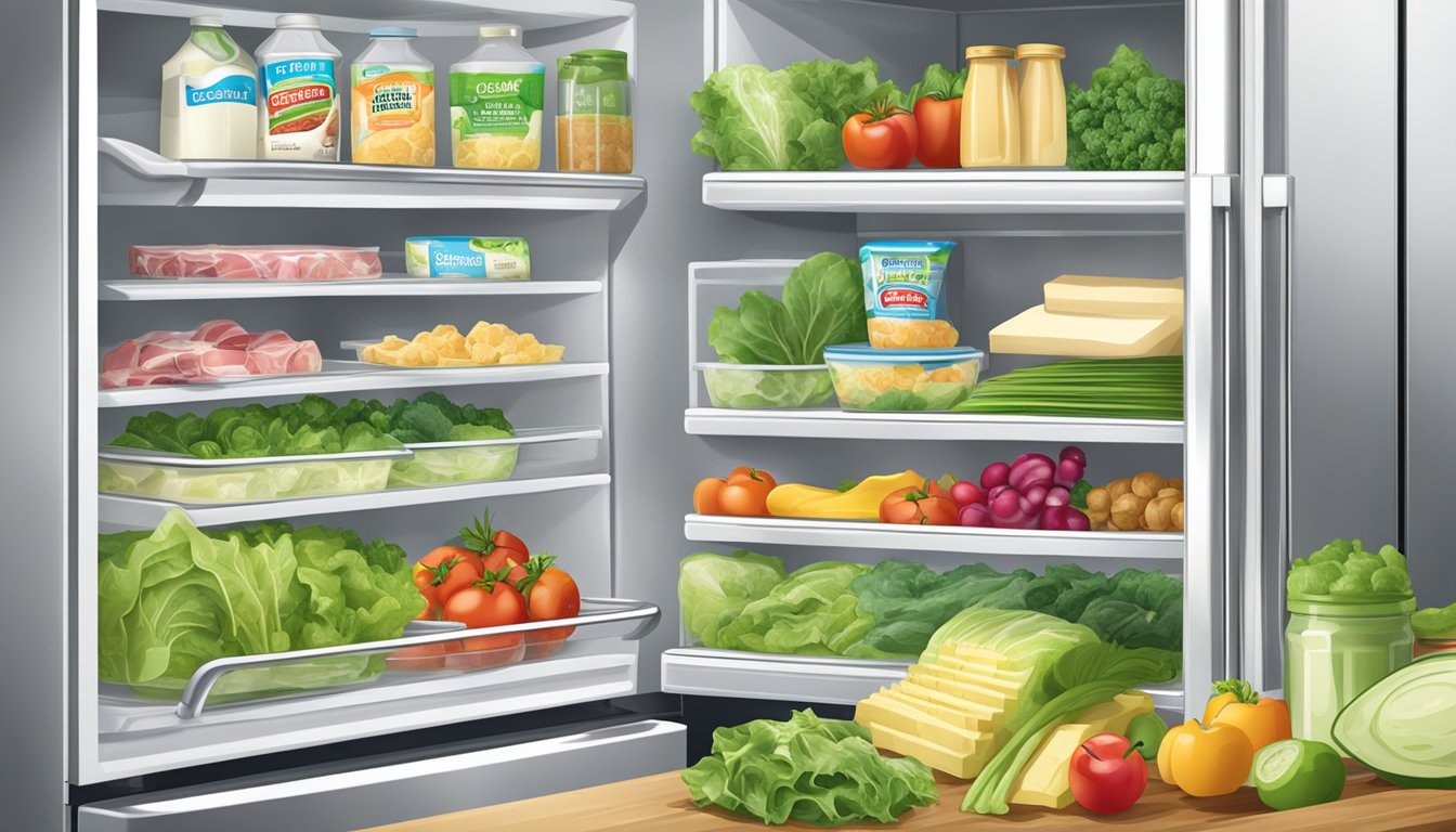 A refrigerator shelf with a sealed Fresh Express Chopped Kit Caesar Salad surrounded by other fresh produce and dairy products