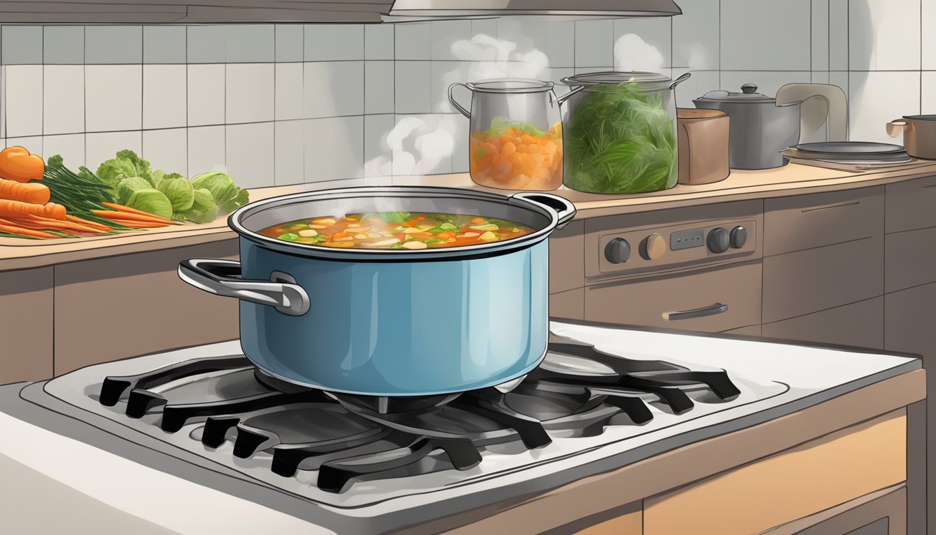 A pot of soup sits on a stove, steam rising as it is reheated. Vegetables and chunks of meat are visible in the broth