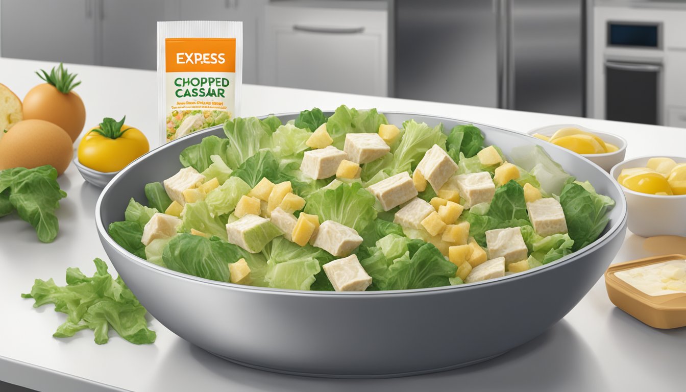 A Fresh Express Chopped Kit Caesar Salad sits on a kitchen counter next to its packaging, with a visible expiration date