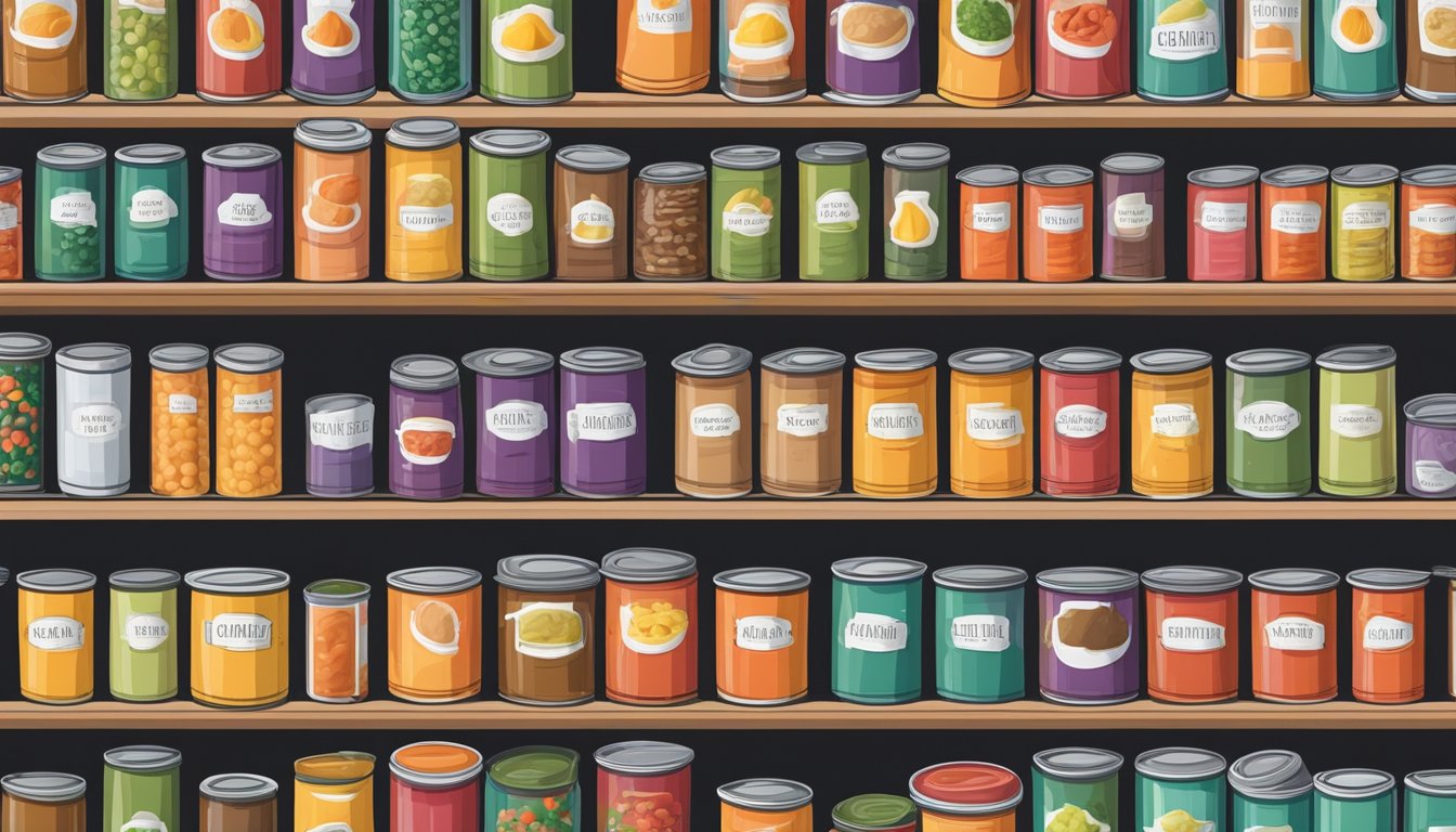 A pantry stocked with rows of colorful canned soups and stews, labeled and neatly organized on sturdy shelves