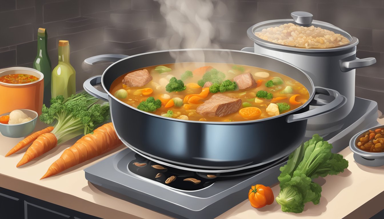 A pot of fresh soup and stew sits on a stovetop, steam rising from the bubbling liquid. Various vegetables and meats are visible within the hearty mixture