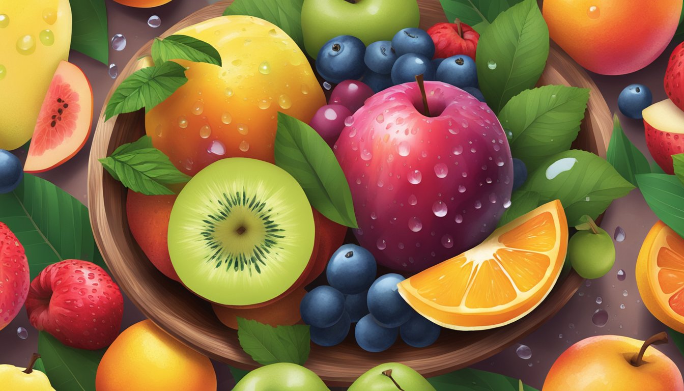 A bowl of vibrant, freshly cut fruit sits on a wooden table, surrounded by scattered leaves and a few scattered droplets of water