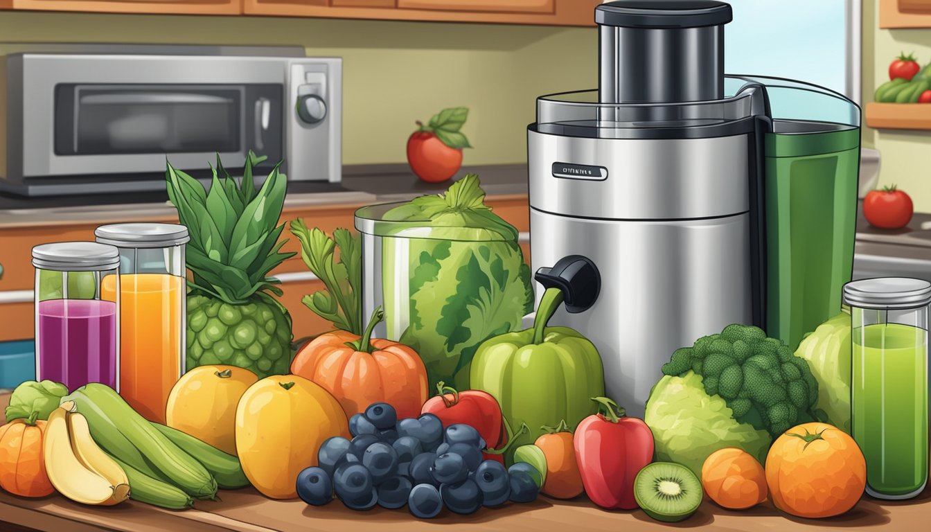 A variety of fresh fruits and vegetables, a juicer, and glass jars filled with colorful juices on a kitchen countertop