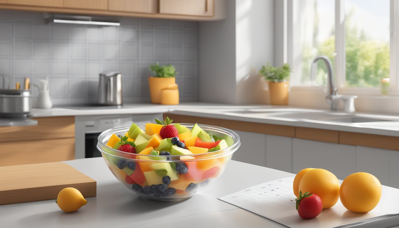 A bowl of fresh fruit salad sits on a kitchen counter, covered with plastic wrap. A calendar on the wall shows the current date