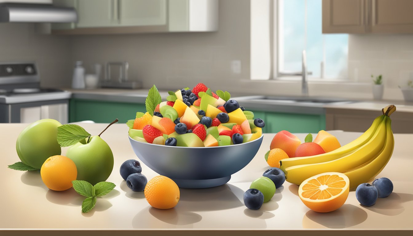 A bowl of fruit salad sits on a kitchen counter, with moldy and discolored pieces of fruit mixed in with the fresh ones