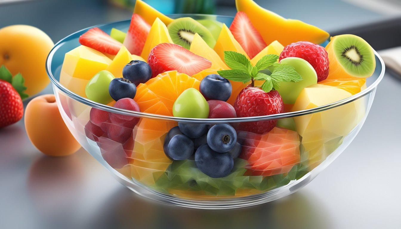 A bowl of fresh fruit salad sits on a kitchen counter, covered with plastic wrap. The vibrant colors of the assorted fruits are visible through the clear covering