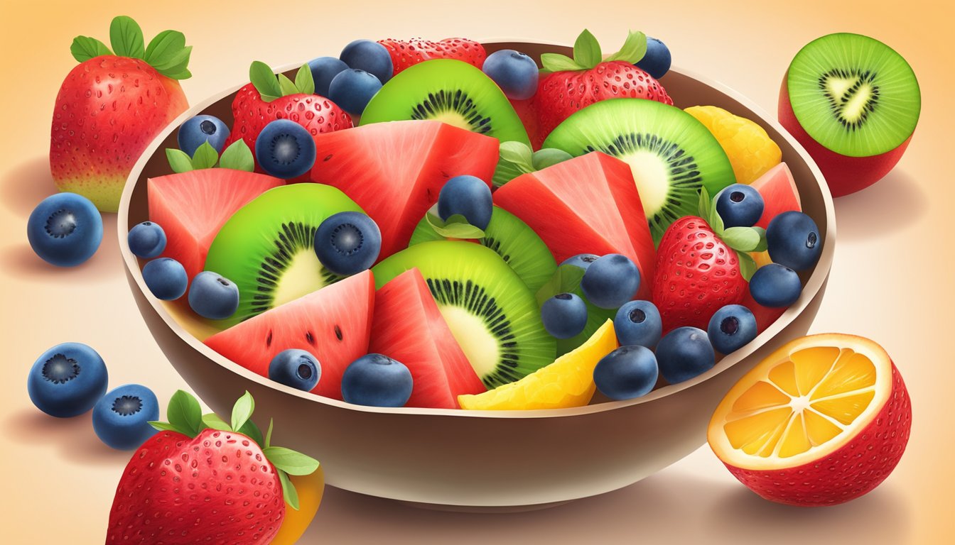 A bowl of vibrant, assorted fresh fruits arranged in a colorful fruit salad, with juicy slices of watermelon, strawberries, blueberries, and kiwi