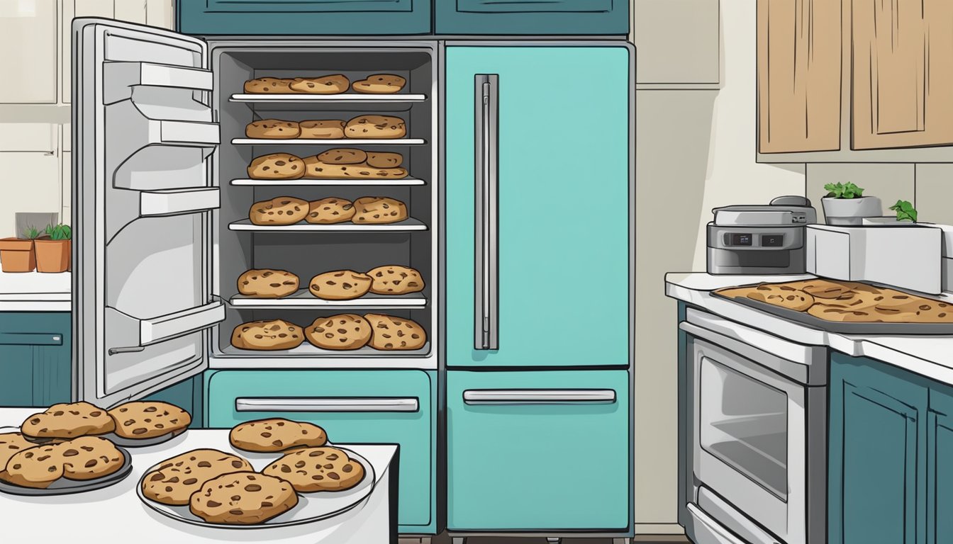 A plate of freshly baked cookies sits on a cooling rack next to an open refrigerator. A thermometer shows the temperature inside is cold