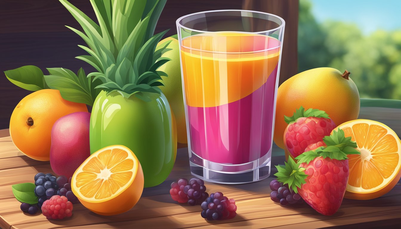 A glass of freshly squeezed juice sits on a wooden table next to a pile of assorted fruits. The vibrant colors and fresh appearance of the fruits hint at their nutritional content and the high quality of the juice