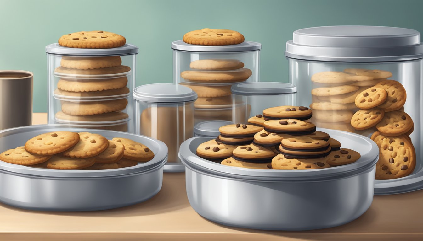 A plate of various cookies stored in airtight containers on a kitchen counter